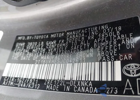 2018 Toyota Corolla L/Le/Xle/Se/Xse z USA, uszkodzony, nr VIN 2T1BURHE5JC042611